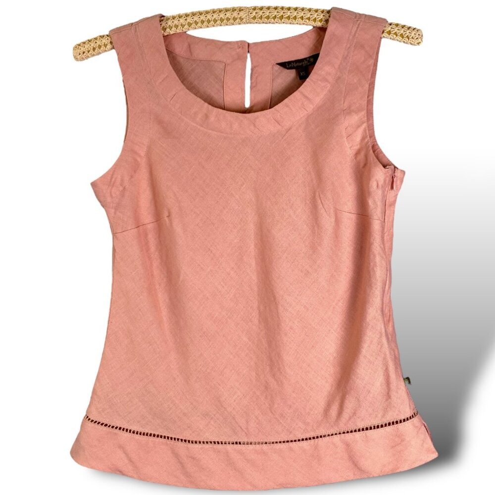 La Naturelle 100% Linen Blouse Womens Sz XS Pink Sleeveless Tank Top Ladder Lace